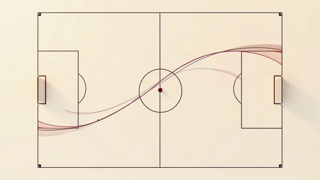 Ilustração abstrata: campo de futebol visto de cima com a trajetória da bola como curva de dados